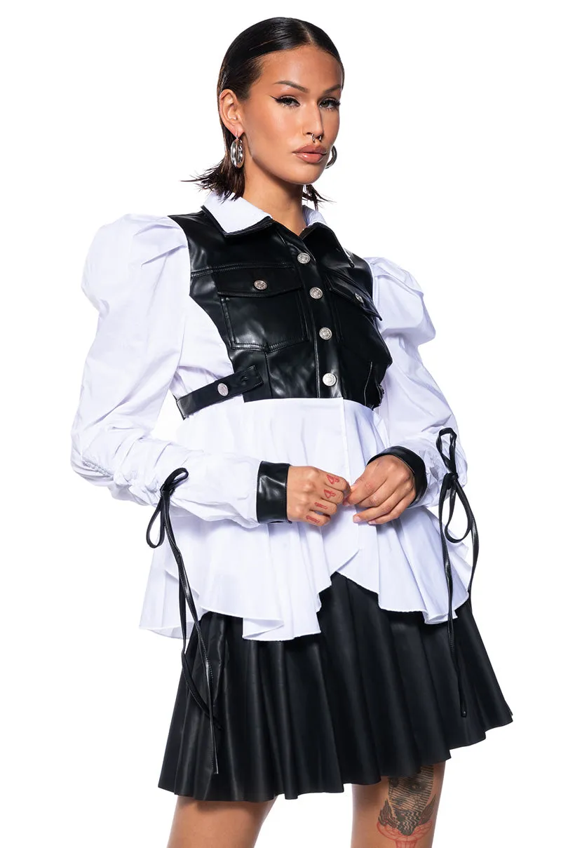 ALWAYS FABULOUS FAUX LEATHER DETAIL BUTTON DOWN BLOUSE sold by AKIRA