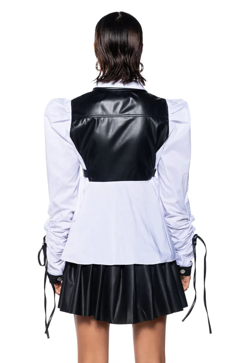 ALWAYS FABULOUS FAUX LEATHER DETAIL BUTTON DOWN BLOUSE sold by AKIRA product image thumbnail 5