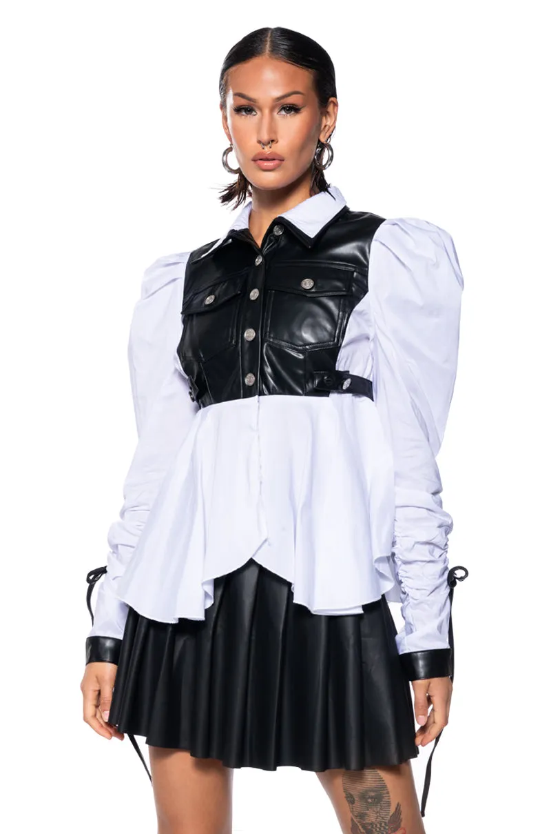 ALWAYS FABULOUS FAUX LEATHER DETAIL BUTTON DOWN BLOUSE sold by AKIRA product image thumbnail 2