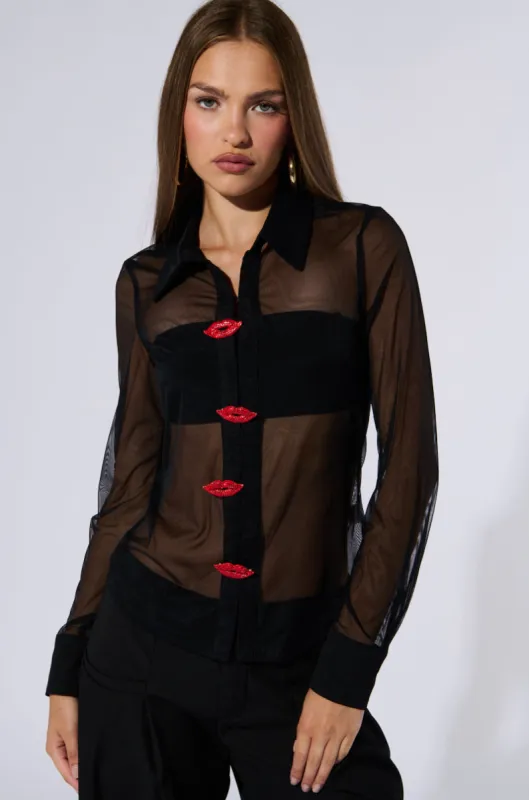 SEALED LIPS BUTTON DOWN BLOUSE sold by AKIRA