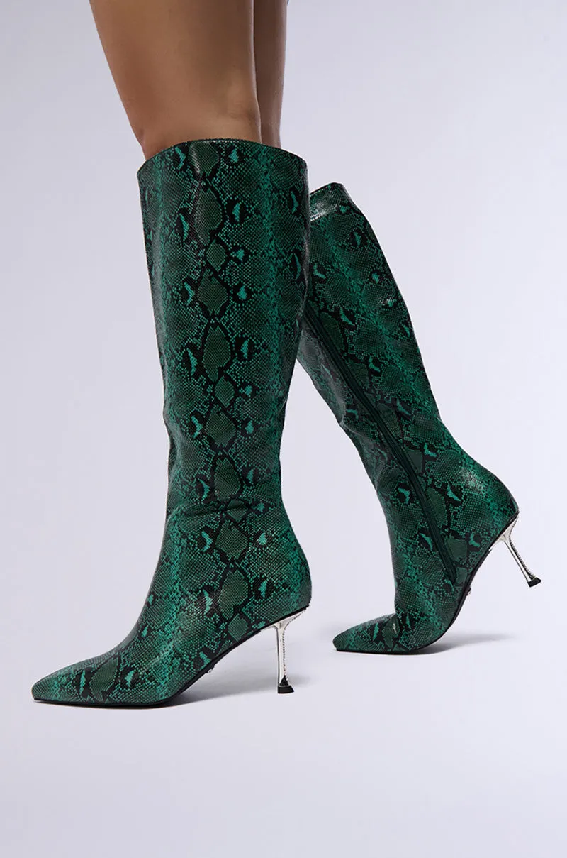 AZALEA WANG JACARANDA GREEN SNAKE EMBOSSED EMBELLISHED HEEL BOOT sold by AKIRA