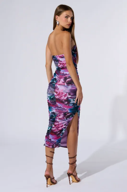 FLORAL FANTASY RUCHED MIDI DRESS sold by AKIRA
