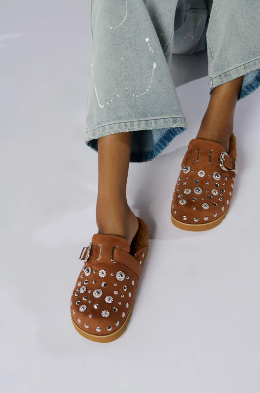 AZALEA WANG CHATTER BROWN FUR AND HARDWARE EMBELLISHED CLOG sold by AKIRA