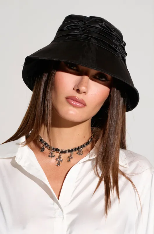 RUCHED BABE SATIN BUCKET HAT sold by AKIRA