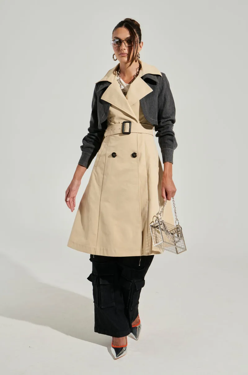 RUSH STREET DENIM OVERLAY TRENCH sold by AKIRA