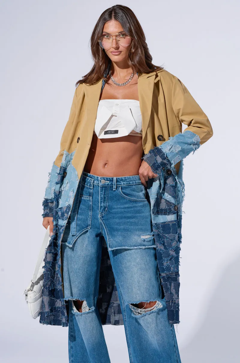 WICKER PARK DENIM DETAIL TRENCH sold by AKIRA