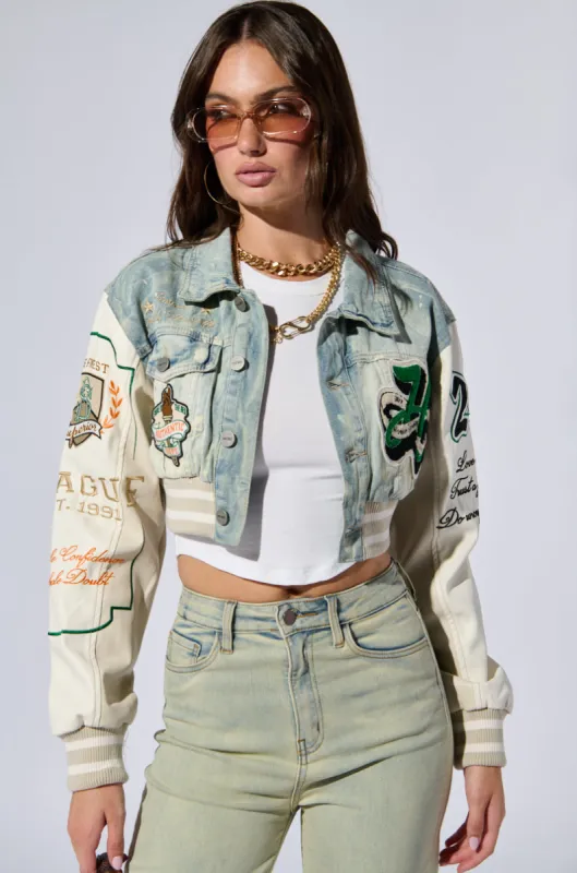 BORN TO WIN CROPPED BOMBER JACKET sold by AKIRA