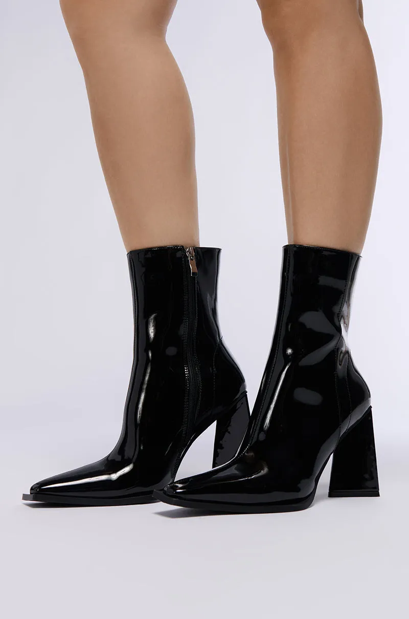 AZALEA WANG KIRIGAN BLACK PATENT BOOTIE sold by AKIRA