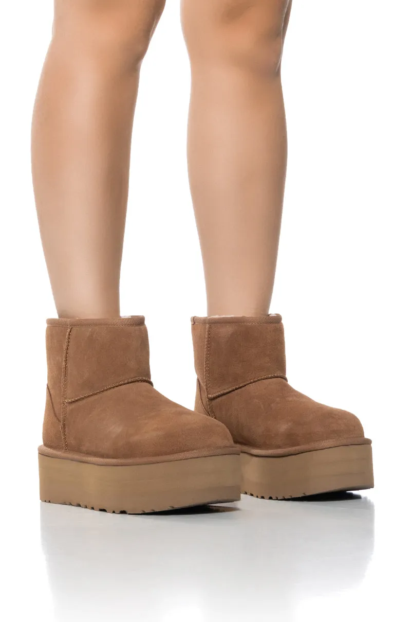UGG CLASSIC MINI PLATFORM BOOTIE IN CHESTNUT sold by AKIRA