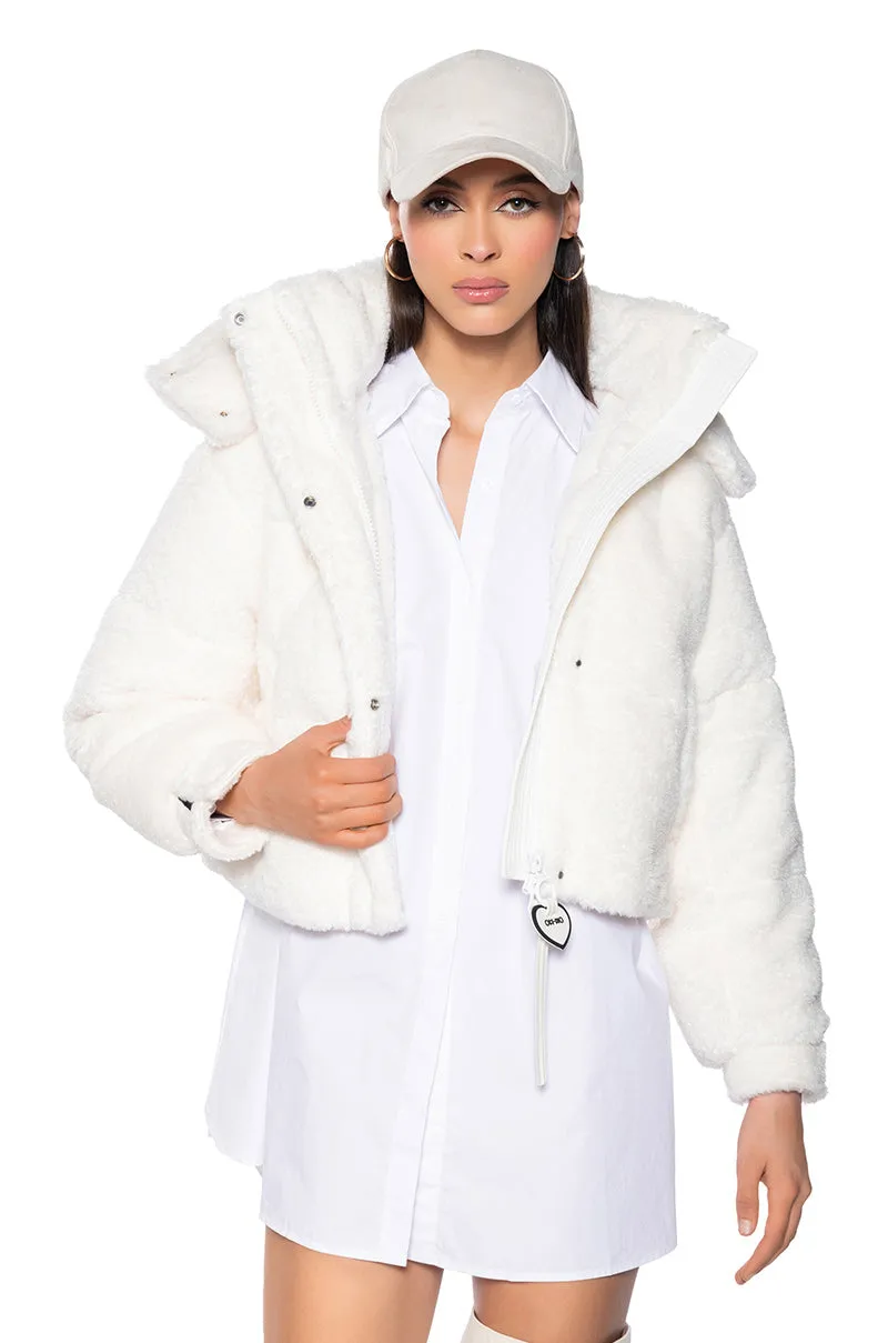 MARDIE FUZZY BEIGE HOODED PUFFER sold by AKIRA product image thumbnail 2