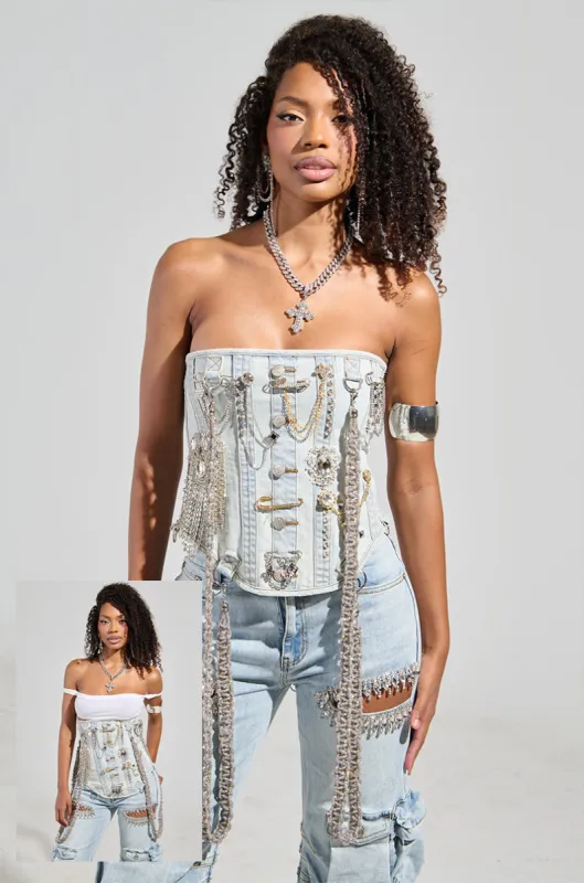 HOUDINI EMBELLISHED DENIM CORSET sold by AKIRA