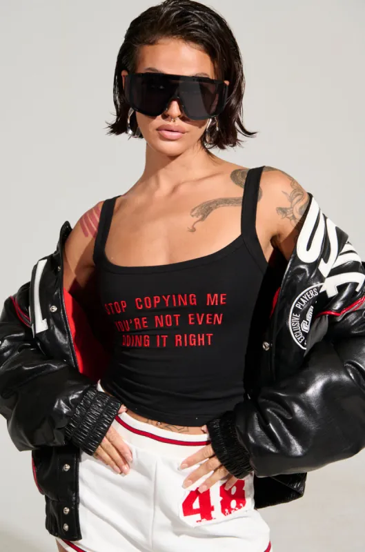 STOP COPYING ME LACE UP BACK TANK TOP sold by AKIRA