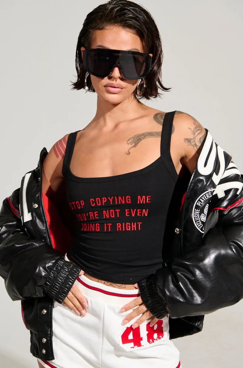 STOP COPYING ME LACE UP BACK TANK TOP sold by AKIRA