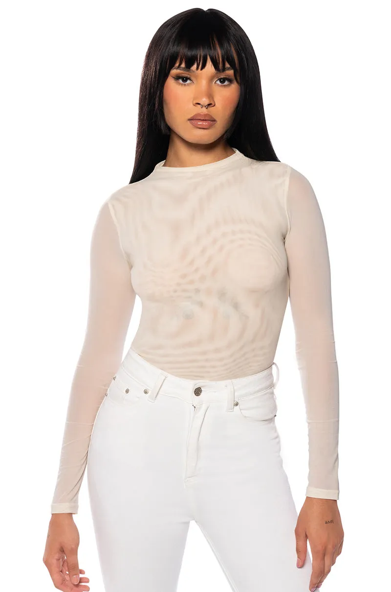 PAXTON SEXY MESH LONG SLEEVE FUNNEL NECK BODYSUIT sold by AKIRA