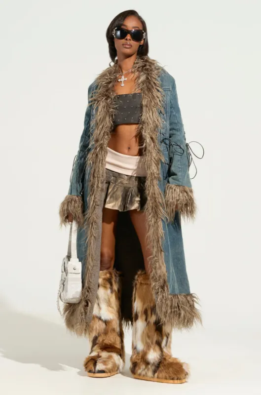 SADE FUR TRIM DENIM TRENCH sold by AKIRA