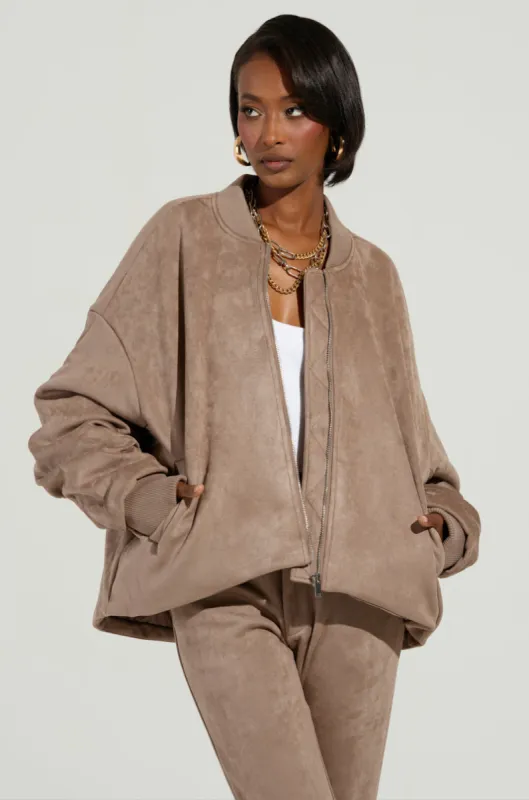 SOFIA FAUX SUEDE BOMBER sold by AKIRA