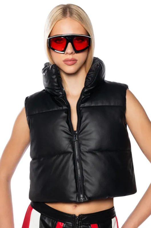 NYLON AND PU REVERSIBLE PUFFER VEST sold by AKIRA