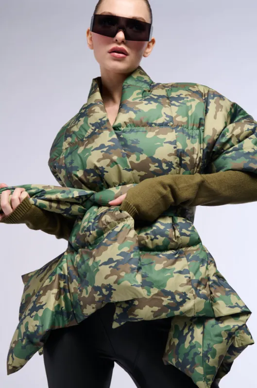 CAMO LONG RIB SLEEVE PEPLUM PUFFER COAT sold by AKIRA