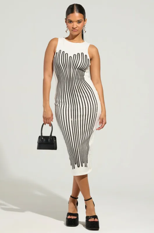 ITS GIVING BODY RHINESTONE PRINTED MIDI DRESS sold by AKIRA