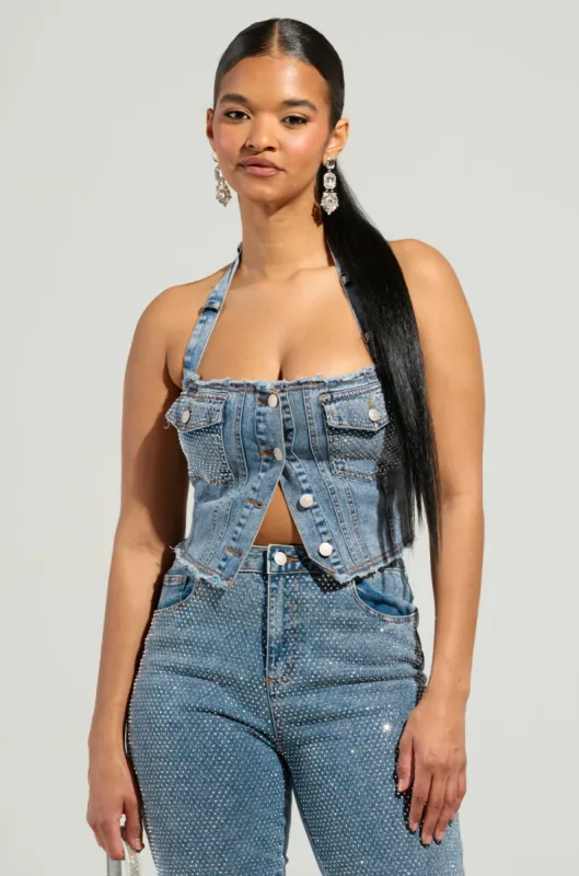 JOLIE RHINESTONE EMBELLISHED DENIM CORSET sold by AKIRA