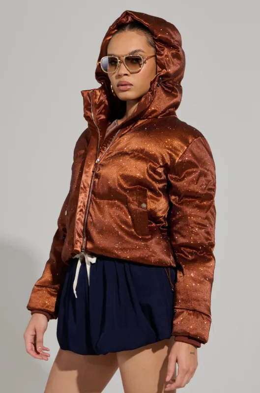 FAYE RHINESTONE PUFFER IN COPPER made by AKIRA