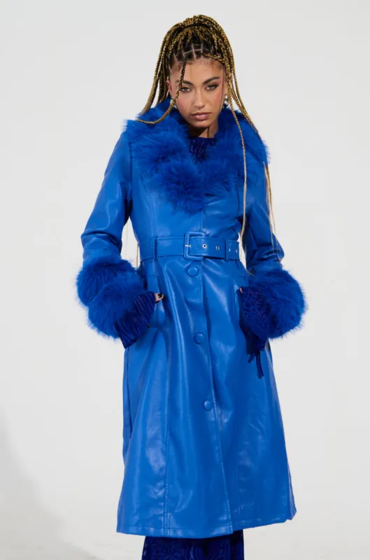 NEW KAYA FUR LINED TRENCH IN BLUE sold by AKIRA