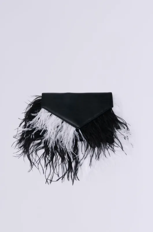 MIXED DECISIONS FEATHER CLUTCH sold by AKIRA