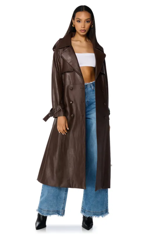 AU REVOIR FAUX LEATHER TRENCH IN BROWN sold by AKIRA