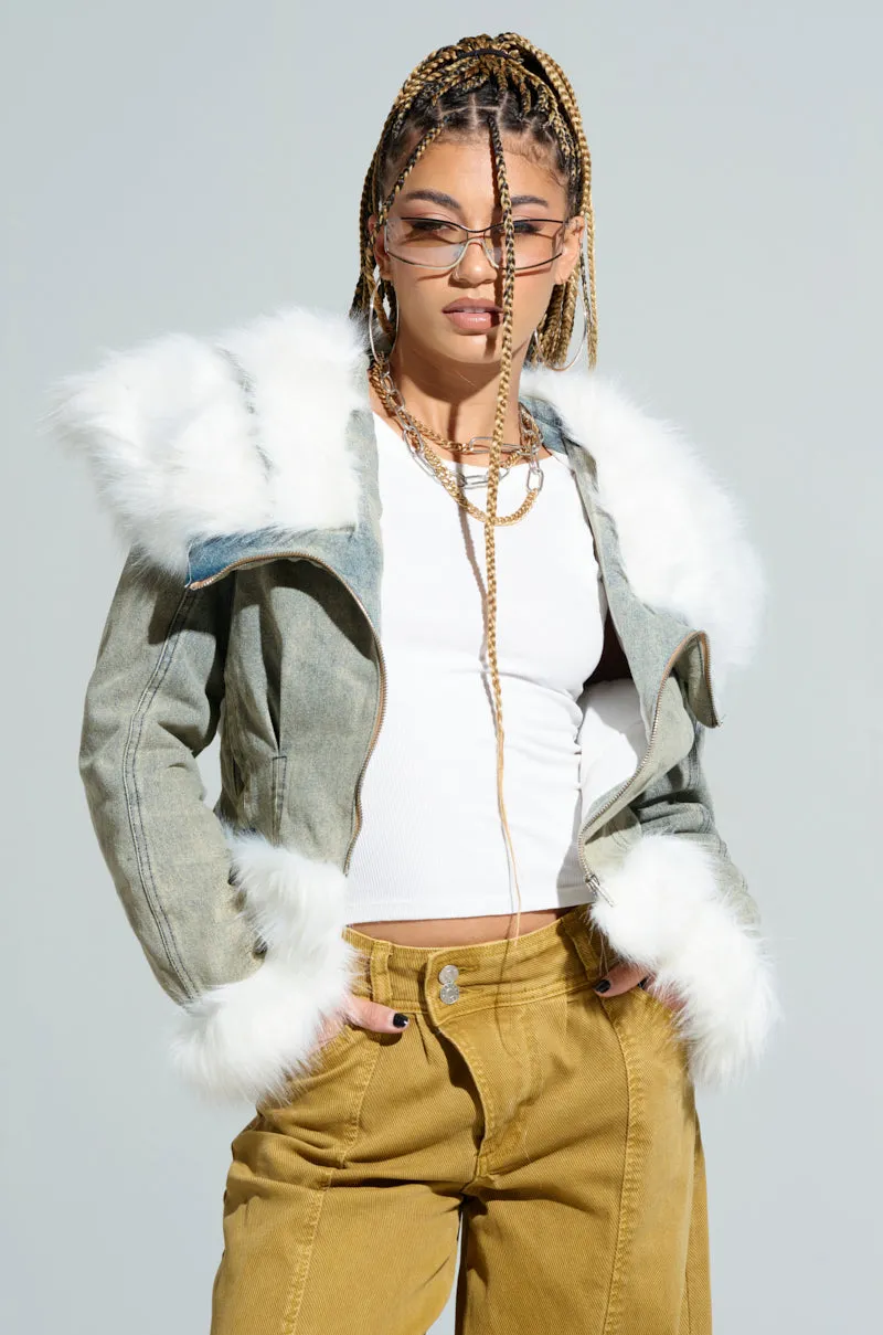 BELLA FUR TRIM DENIM MOTO sold by AKIRA product image thumbnail 3