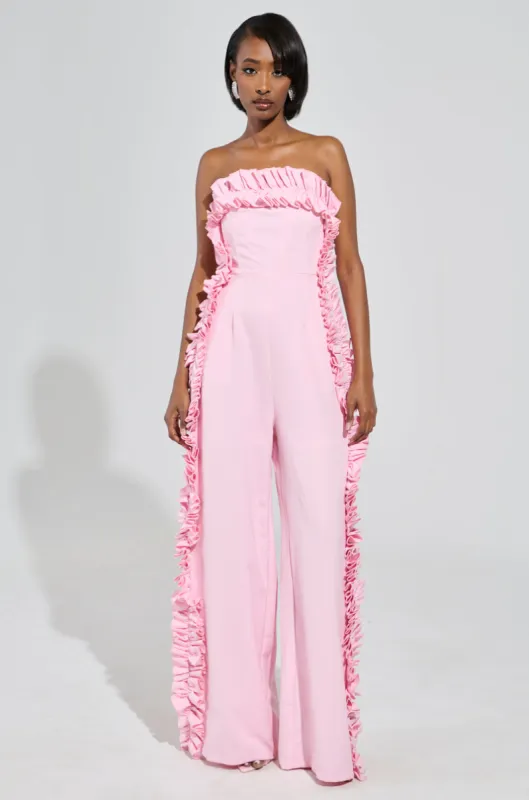 MONICA RUFFLED JUMPSUIT IN PINK sold by AKIRA