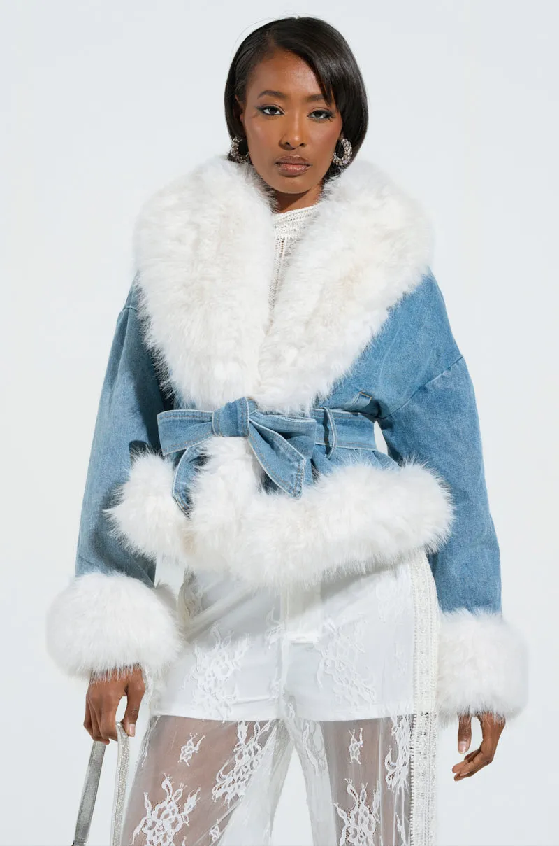 LAINEY FUR TRIM DENIM MOTO sold by AKIRA product image thumbnail 2