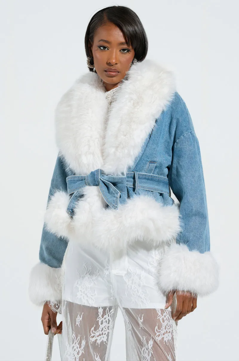 LAINEY FUR TRIM DENIM MOTO sold by AKIRA