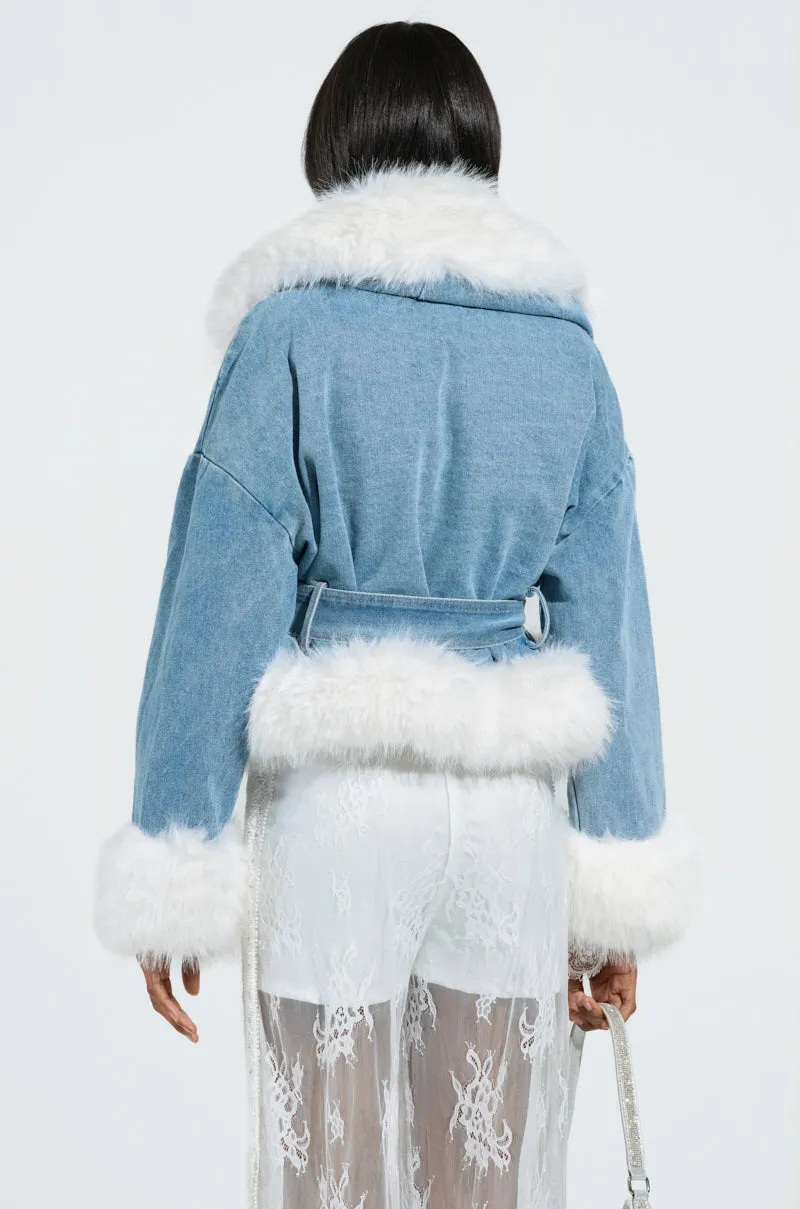 LAINEY FUR TRIM DENIM MOTO sold by AKIRA product image thumbnail 4