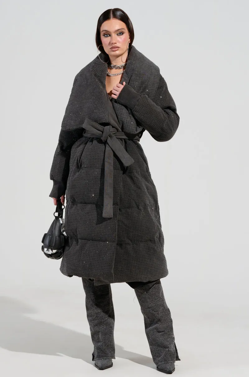 HOUDINI LONG RHINESTONE PUFFER sold by AKIRA