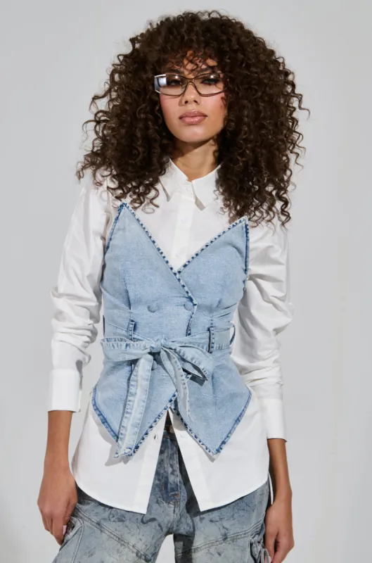 END OF SUMMER FLING DENIM CORSETED BLOUSE sold by AKIRA