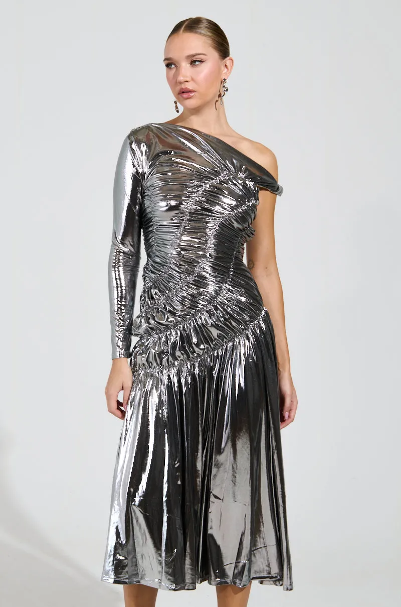 TURN BACK TIME SILVER METALLIC MIDI DRESS sold by AKIRA product image thumbnail 2