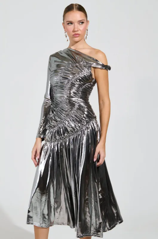 TURN BACK TIME SILVER METALLIC MIDI DRESS sold by AKIRA