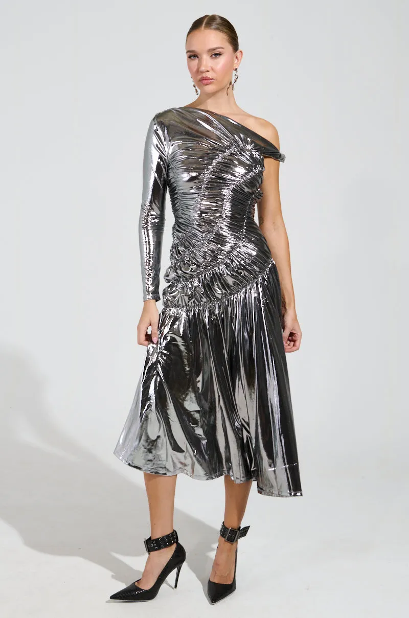 TURN BACK TIME SILVER METALLIC MIDI DRESS sold by AKIRA product image thumbnail 3