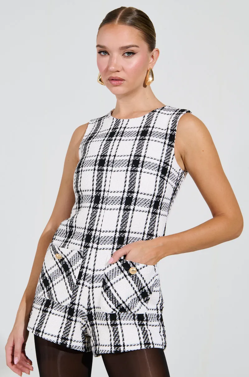 BEST DRESSED PLAID ROMPER IN WHITE sold by AKIRA