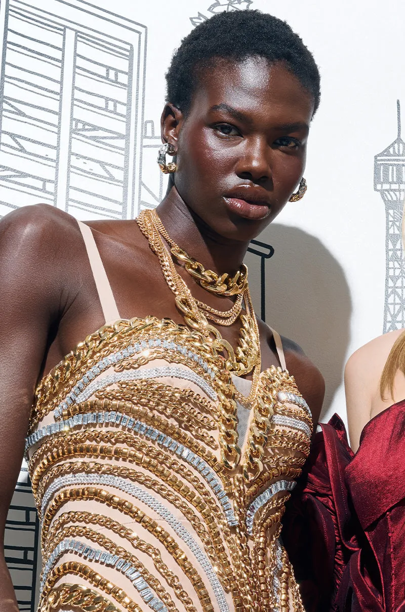 OMG SLAY LAYERED CHAIN NECKLACE IN GOLD sold by AKIRA