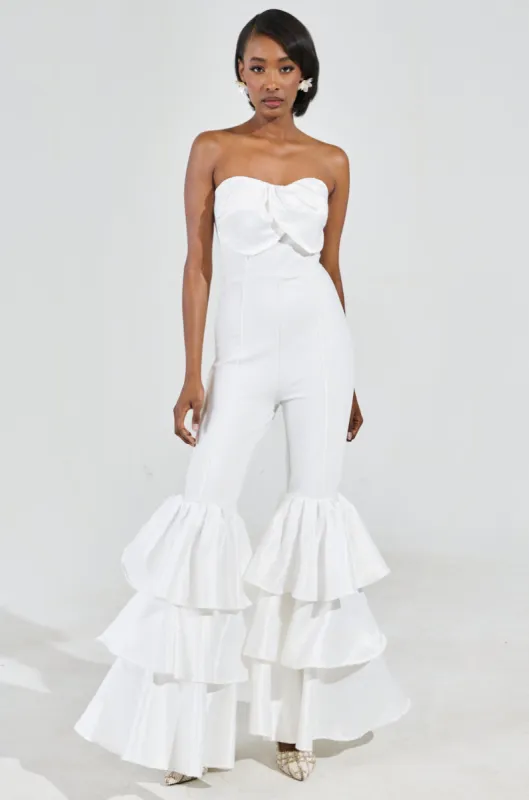 I JUST WANNA DANCE FLARE LEG JUMPSUIT IN WHITE sold by AKIRA