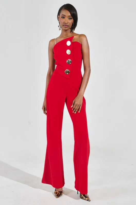 BADDIE STRAPLESS JUMPSUIT WITH GOLD BUTTONS sold by AKIRA
