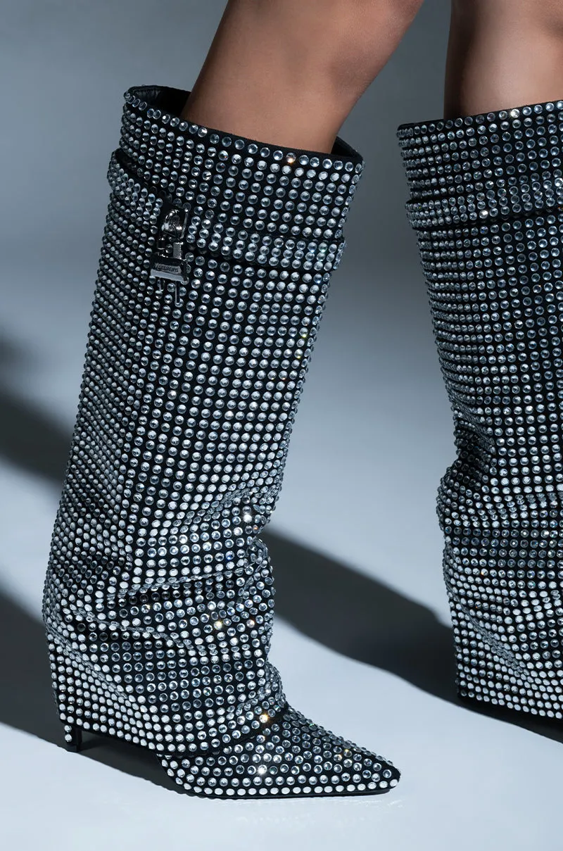 AZALEA WANG HEMLOCK SILVER RHINESTONE STILETTO BOOT sold by AKIRA