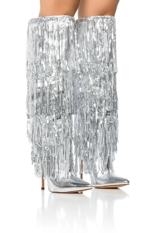 AZALEA WANG ADRIEL SILVER FRINGE STILETTO BOOT sold by AKIRA