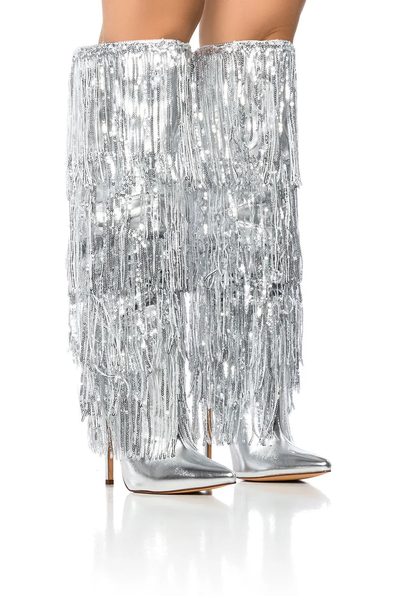 AZALEA WANG ADRIEL SILVER FRINGE STILETTO BOOT sold by AKIRA
