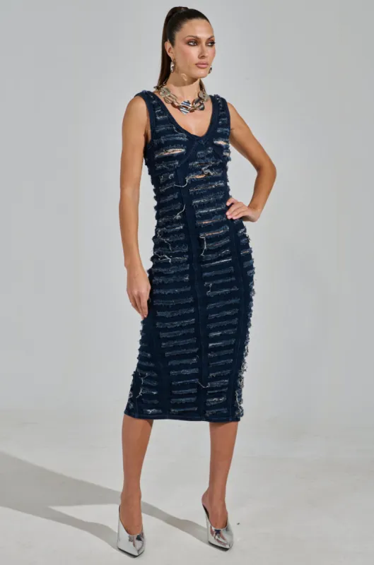 SHE'S GOT IT SHREDDED DENIM MIDI DRESS IN DARK BLUE sold by AKIRA