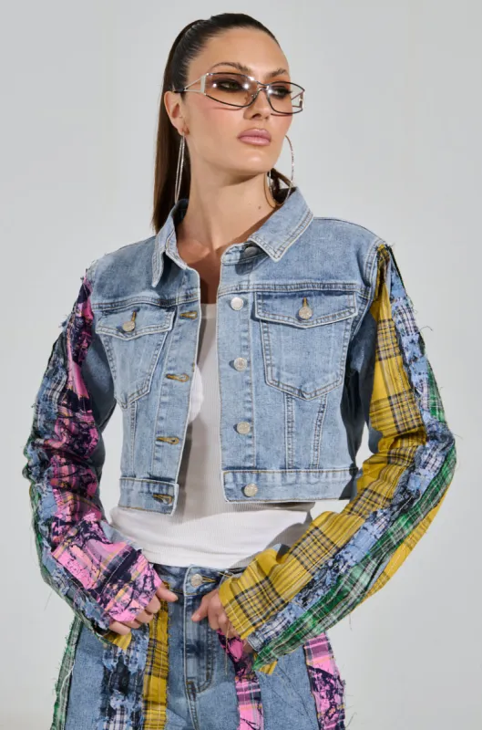 MAKING WAVES PATCHWORK DENIM JACKET sold by AKIRA