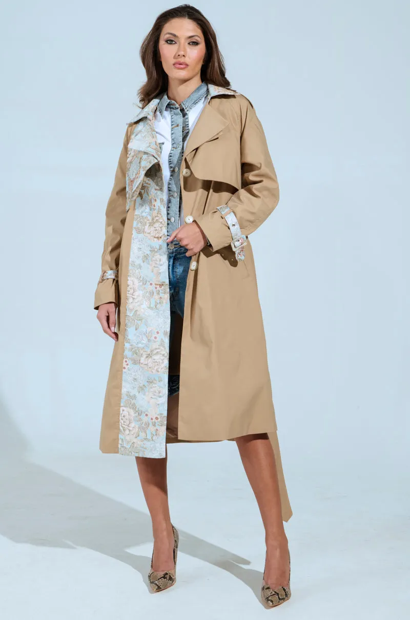 PEEKABOO BROCADE TRIM TRENCH sold by AKIRA