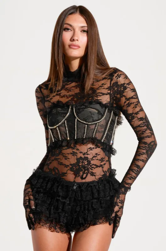 MOMENTS IN TIME GLOVED LACE BODYSUIT made by AKIRA