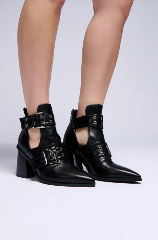 AZALEA WANG DEEGAN BLACK BUCKLE BOOTIE sold by AKIRA